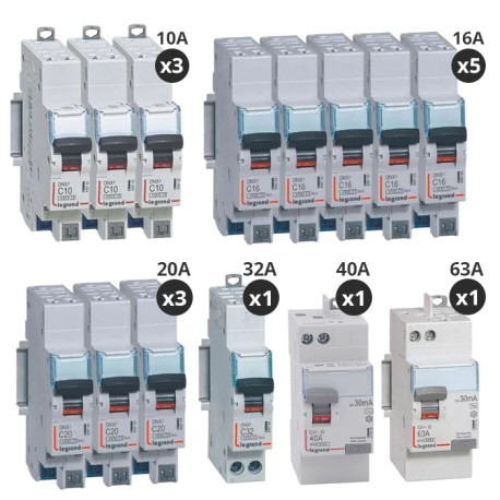 Legrand - Lot de 12 disjoncteurs + 2 interrupteurs différentiels 40A+63A - Type AC + A - Automatique - Pour T5 - Réf : 411638-P2