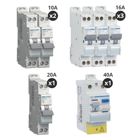 Hager - Lot de 6 disjoncteurs + 1 interrupteur différentiel 40A - Type AC - A vis - Pour T2  - Réf : CDC742F-P
