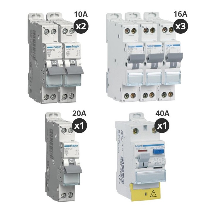 Hager - Lot de 6 disjoncteurs + 1 interrupteur différentiel 40A - Type AC - A vis - Pour T2  - Réf : CDC742F-P