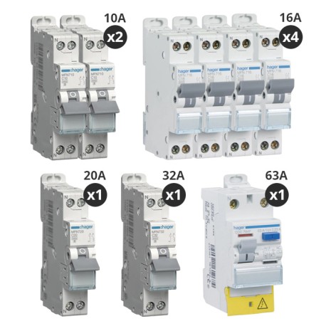 Hager - Lot de 8 disjoncteurs + 1 interrupteur différentiel 63A - Type AC - A vis - Pour T3 - Réf : CDC764F-P