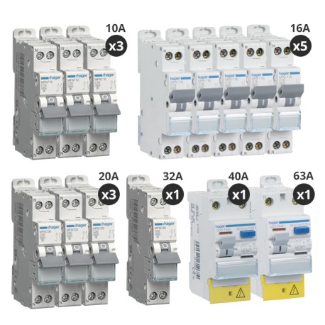 Hager - Lot de 12 disjoncteurs + 2 interrupteurs différentiels 40A+63A - Type AC + A - A vis - Pour T5 - Réf : CDA743F-P2