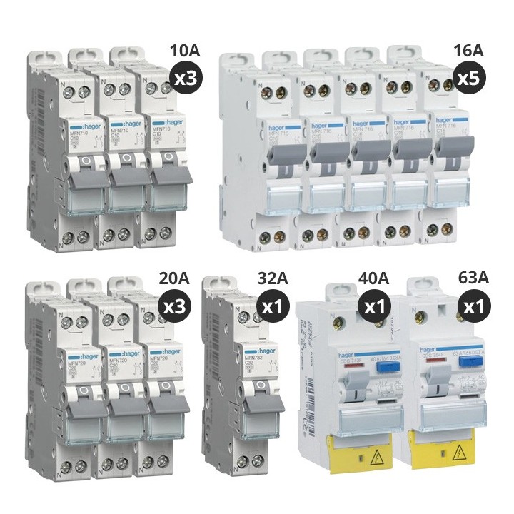 Hager - Lot de 12 disjoncteurs + 2 interrupteurs différentiels 40A+63A - Type AC + A - A vis - Pour T5 - Réf : CDA743F-P2