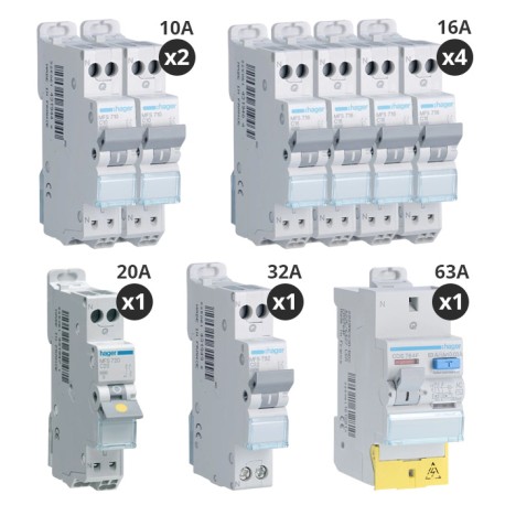 Hager - Lot de 8 disjoncteurs + 1 interrupteur différentiel 63A - Type AC - Automatique - Pour T3  - Réf : CDS764F-P