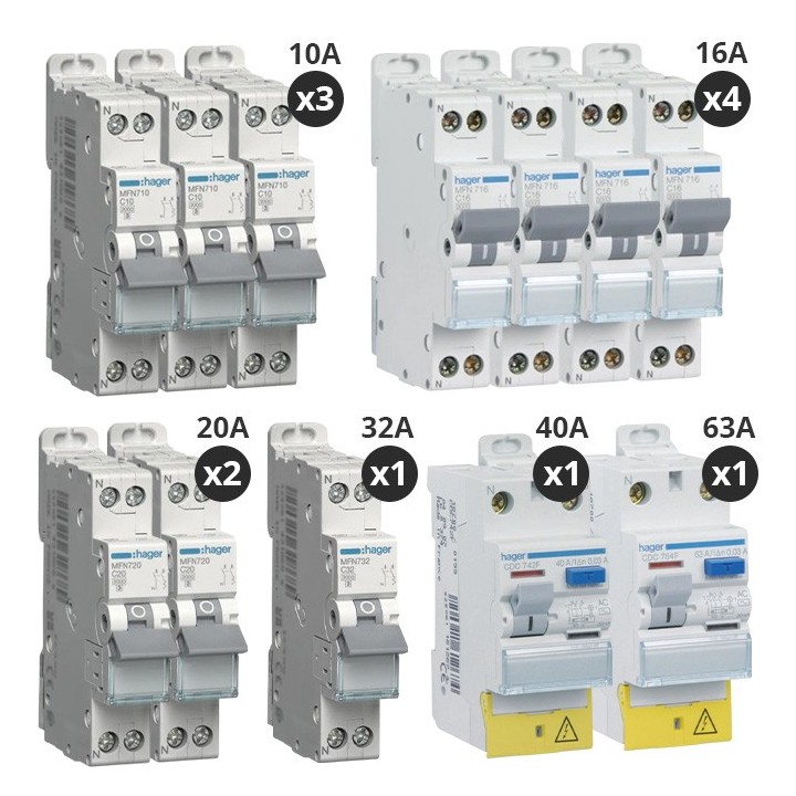Hager - Lot de 10 disjoncteurs + 2 interrupteurs différentiels 40A+63A - Type AC + A - A vis - Pour T4 - Réf : CDA743F-P