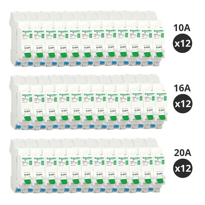 Schneider - Resi9 XE - Lot de 36 Disjoncteurs 10A / 16A / 20A - 1P+N - Courbe C - Embrochables - Réf : R9EFC610(36)