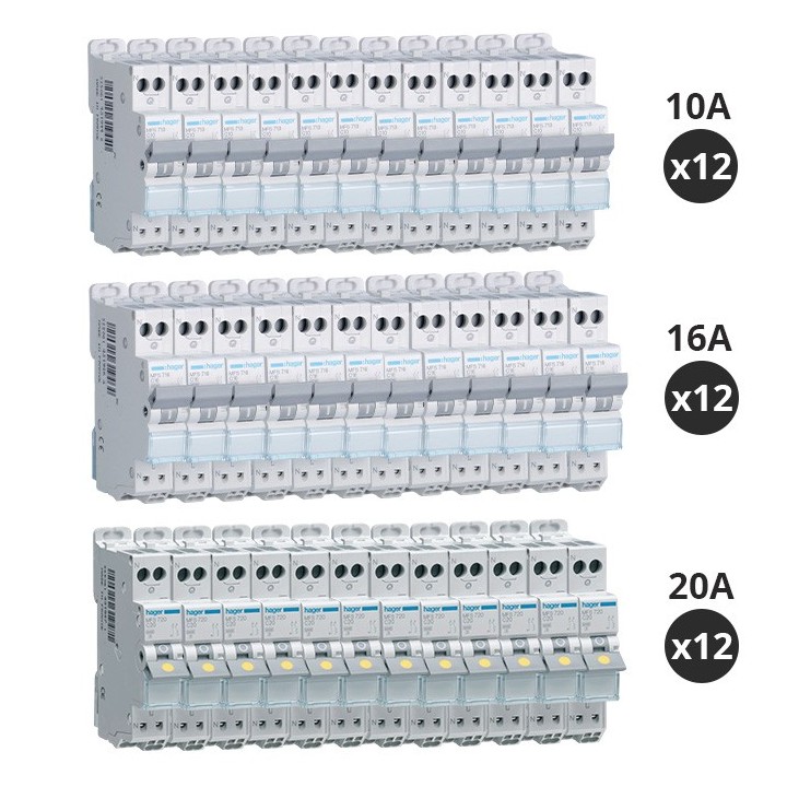 Hager - Lot de 36 Disjoncteurs 10A / 16A / 20A - 1P+N 3kA - Courbe C - Auto - Réf : MFS710(36)