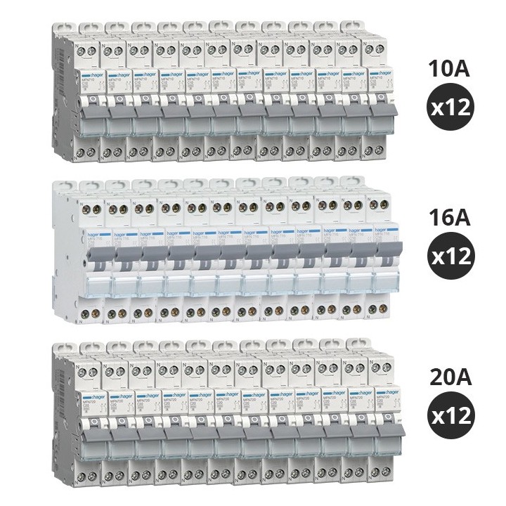 Hager - Lot de 36 Disjoncteurs 10A / 16A / 20A - 1P+N 3kA - Courbe C - A vis - Réf : MFN710(36)