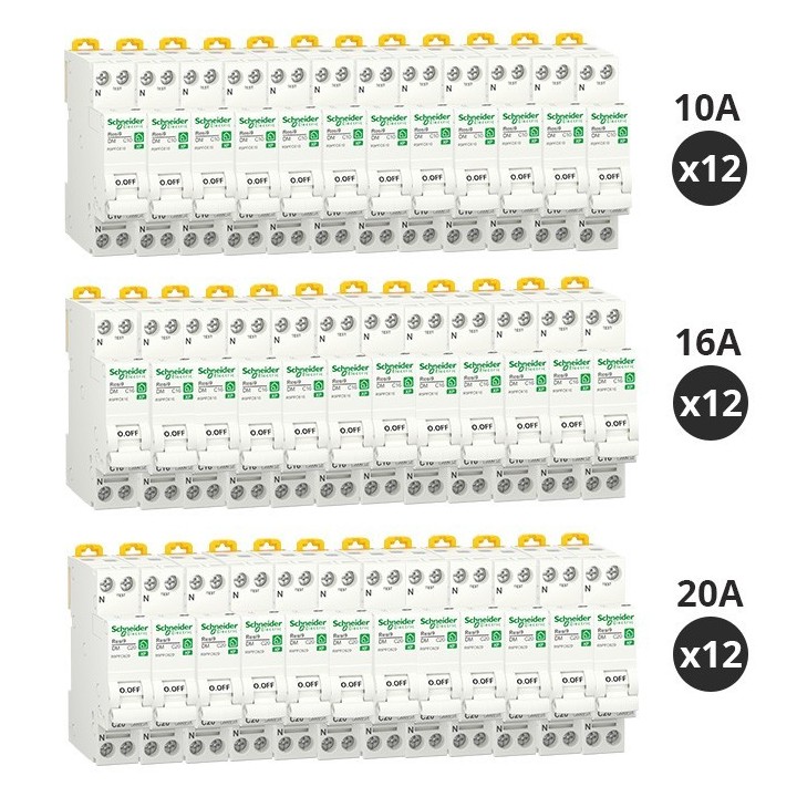 Schneider - Resi9 XP - Lot de 36 Disjoncteurs 10A / 16A / 20A - 1P+N - Courbe C - Peignables - Réf : R9PFC610(36)
