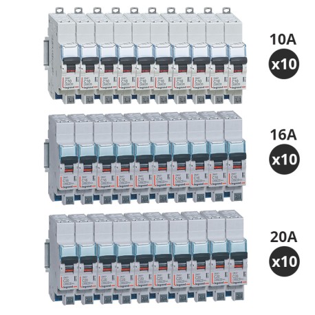 Legrand - Lot de 30 Disjoncteurs 10A / 16A / 20A - DNX³ 4500 - auto/auto - 6kA - courbe C - 1 module - Réf : 406782(30)