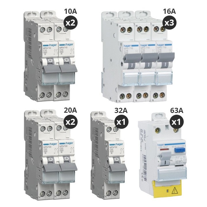 Hager - Lot de 8 disjoncteurs + 1 interrupteur différentiel 63A Type AC - A vis - Réf : CDC764F-P