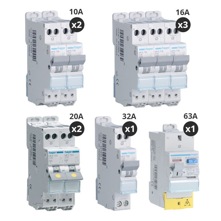 Hager - Lot de 8 disjoncteurs + 1 interrupteur différentiel 63A - Type AC - Auto - Réf : CDS764F-P