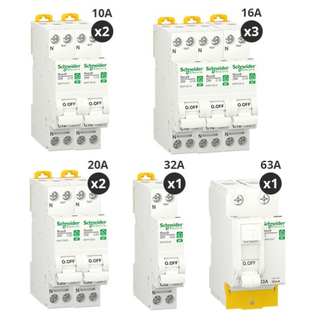 Schneider - Resi9 XP - Lot de 8 disjoncteurs + 1 interrupteur différentiel 63A - Peignables - Réf : R9PRC263-P