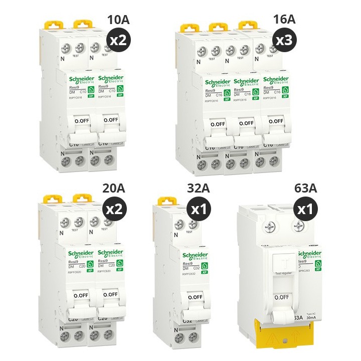 Schneider - Resi9 XP - Lot de 8 disjoncteurs + 1 interrupteur différentiel 63A - Peignables - Réf : R9PRC263-P