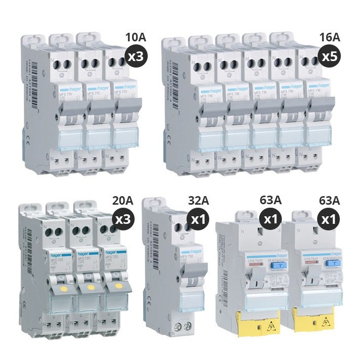 Hager - Lot de 12 disjoncteurs + 2 interrupteurs différentiels 40A Type A + 63A Type AC - Auto - Réf : CDS765F