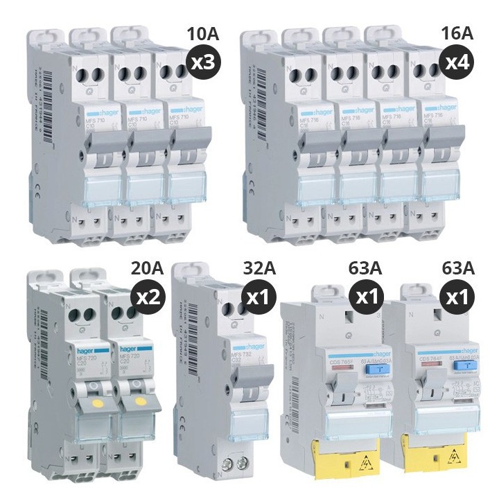 Hager - Lot de 10 disjoncteurs + 2 interrupteurs différentiels 40A Type A + 63A Type AC - Auto - Réf : CDS765F-P
