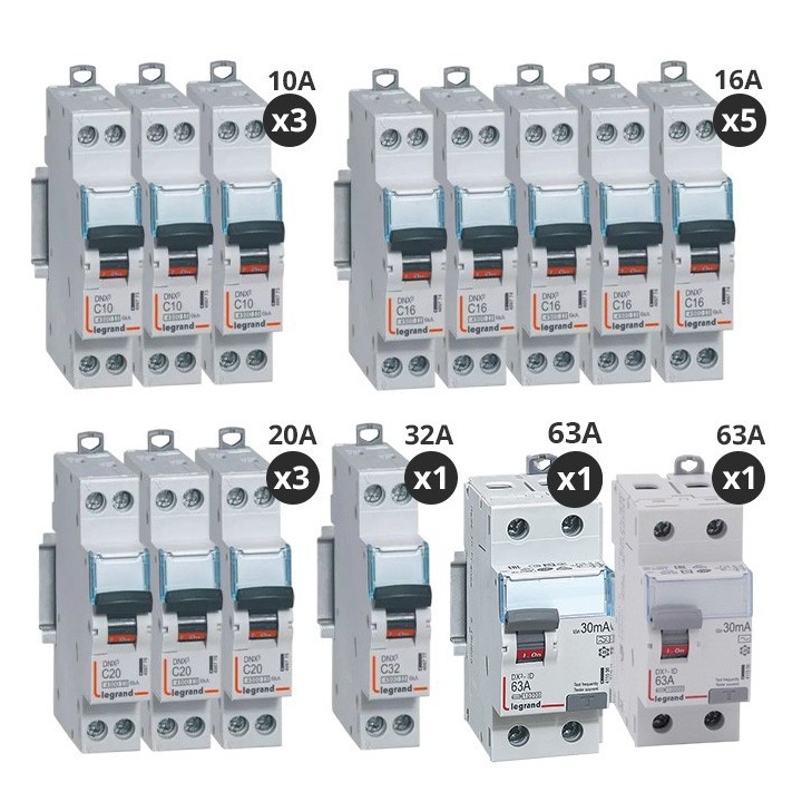 Legrand - Lot de 12 disjoncteurs + 2 interrupteurs différentiels 63A Type A + 63A Type AC - Vis/vis - Réf : 411556-P2