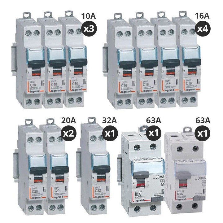 Legrand - Lot de 10 disjoncteurs + 2 interrupteurs différentiels 63A Type A + 63A Type AC - Vis/vis - Réf : 411556-P