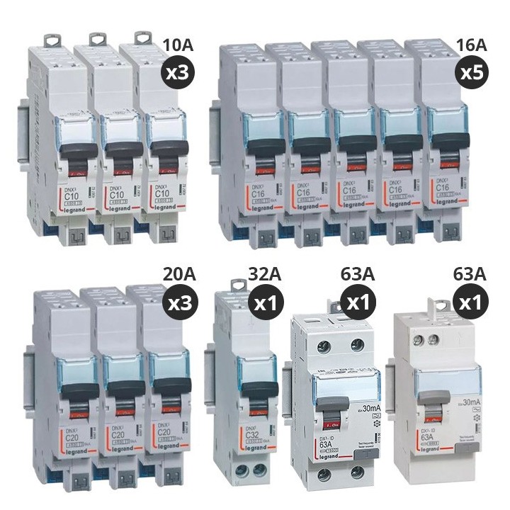 Legrand - Lot de 12 disjoncteurs + 2 interrupteurs différentiels 63A Type A + 63A Type AC - Auto - Réf : 411651-P2