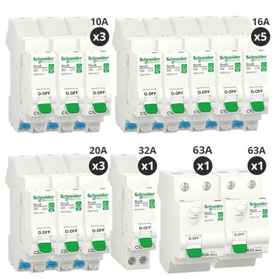 Schneider - Resi9 XE - Lot de 12 disjoncteurs + 2 interrupteurs diff 63A Type A + 63A Type AC - Embrochables - Réf : R9ERA263-P2