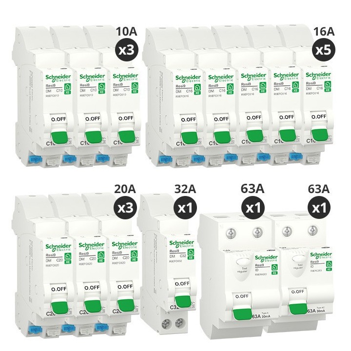 Schneider - Resi9 XE - Lot de 12 disjoncteurs + 2 interrupteurs diff 63A Type A + 63A Type AC - Embrochables - Réf : R9ERA263-P2