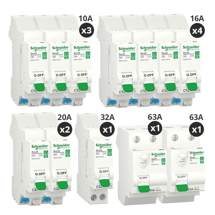 Schneider - Resi9 XE - Lot de 10 disjoncteurs + 2 interrupteurs diff 40A Type A + 63A Type AC - Embrochables - Réf : R9ERA240-P