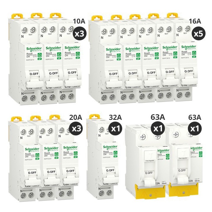 Schneider - Resi9 XP - Lot de 12 disjoncteurs + 2 interrupteurs diff 63A Type A + 63A Type AC - Peignables - Réf: R9PRA263-P2
