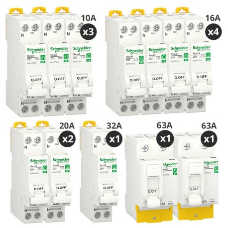 Schneider - Resi9 XP - Lot de 10 disjoncteurs + 2 interrupteurs diff 63A Type A + 63A Type AC - Peignables - Réf : R9PRA263-P