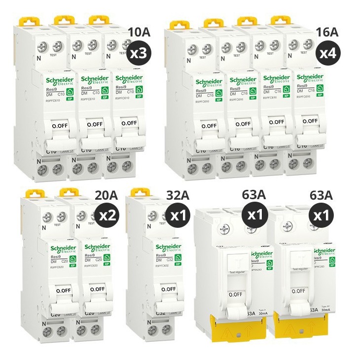 Schneider - Resi9 XP - Lot de 10 disjoncteurs + 2 interrupteurs diff 63A Type A + 63A Type AC - Peignables - Réf : R9PRA263-P