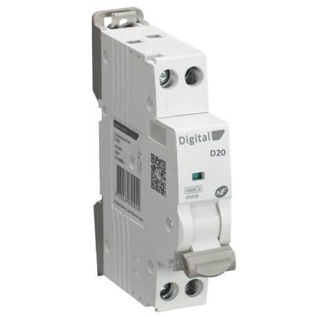 Digital Electric - Disjoncteur Phase + Neutre 20A - Courbe D - 4,5 kA - Réf : 01220