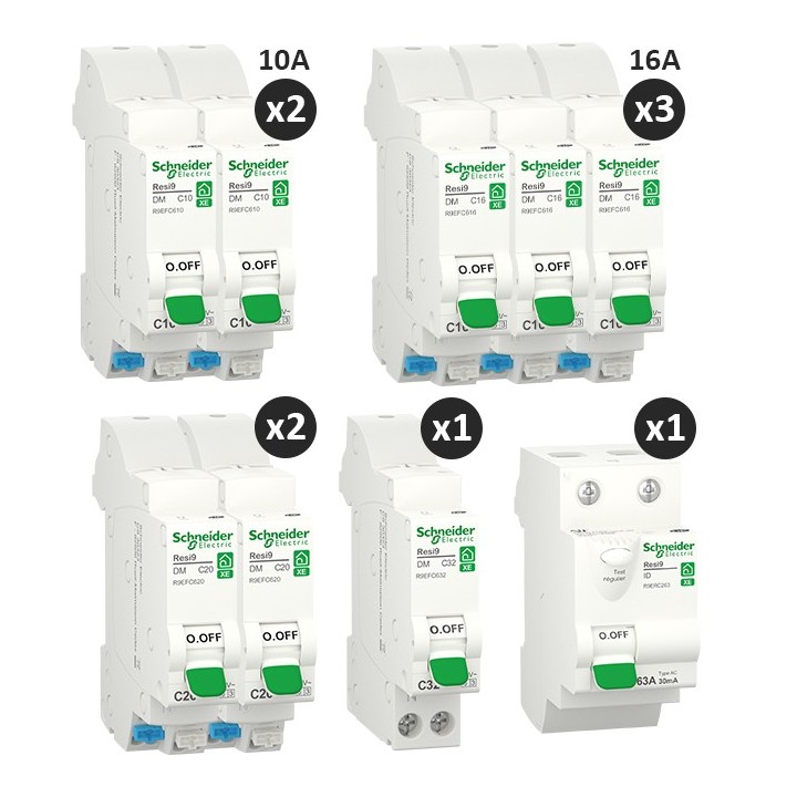 Schneider - Resi9 XE - Lot de 8 disjoncteurs + 1 interrupteur différentiel 63A - Embrochables - Réf : R9ERC263-P