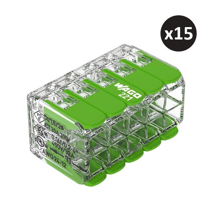 Wago - 15 bornes 221 Green Range 10x4mm² à leviers souples & rigides - Réf : 221-430(15)