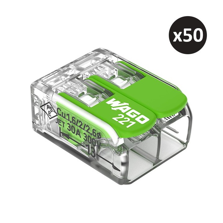 Wago - 50 bornes 221 Green Range 2x6mm² à leviers souples & rigides - Réf : 221-622(50)