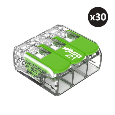 Wago - 30 bornes 221 Green Range 3x6mm² à leviers souples & rigides - Réf : 221-623(30)