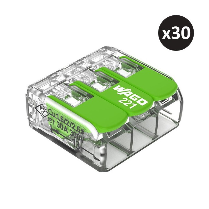 Wago - 30 bornes 221 Green Range 3x6mm² à leviers souples & rigides - Réf : 221-623(30)