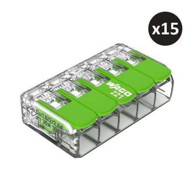 Wago - 15 bornes 221 Green Range 5x6mm² à leviers souples & rigides - Réf : 221-625(15)