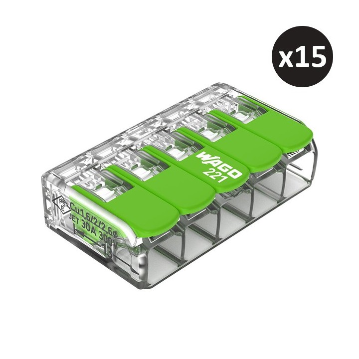 Wago - 15 bornes 221 Green Range 5x6mm² à leviers souples & rigides - Réf : 221-625(15)