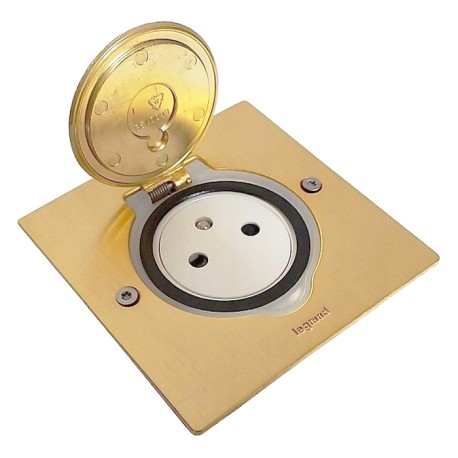 Legrand - Prise de sol simple 2P+T Standard 16A 250V avec platine carrée - Doré brossé - Réf : 089710-p