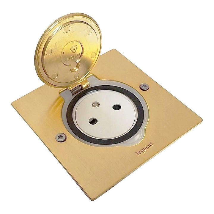 Legrand - Prise de sol simple 2P+T Standard 16A 250V avec platine carrée - Doré brossé - Réf : 089710-p
