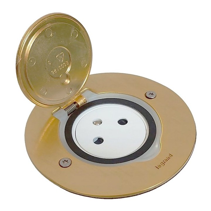 Legrand - Prise de sol simple 2P+T Standard 16A 250V avec platine ronde - Doré brossé - Réf : 089711-p