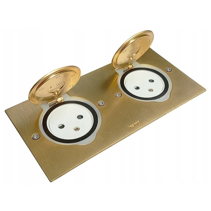 Legrand - Prise de sol double 2P+T Standard 16A 250V avec platine rectangulaire - Doré brossé - Réf : 089712-p