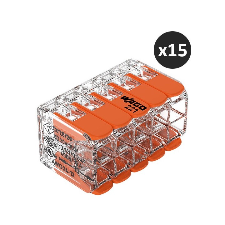 Wago - 15 Bornes de raccordement avec levier - Pour tous types de conducteurs - max. 4 mm² - 10 conducteurs - Réf : 221-420(15)