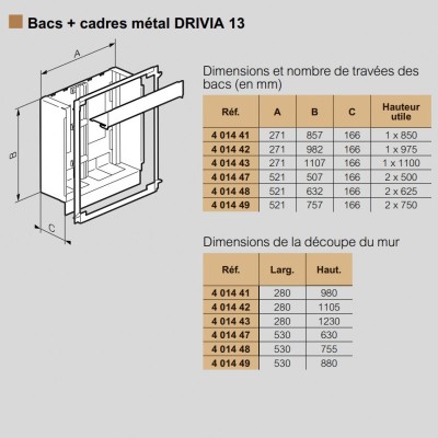 Legrand - Bac d'encastrement + cadre métal 1 travée DRIVIA 13 pour coffret 3 rangées - Réf : 401442