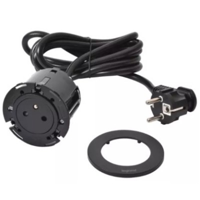 Legrand Incara - Disq 60 équipée d'1 prise 2P+T Surface avec cordon de 2m équipé d'une fiche 2P+T - Noir Ø60mm - Réf : 654721