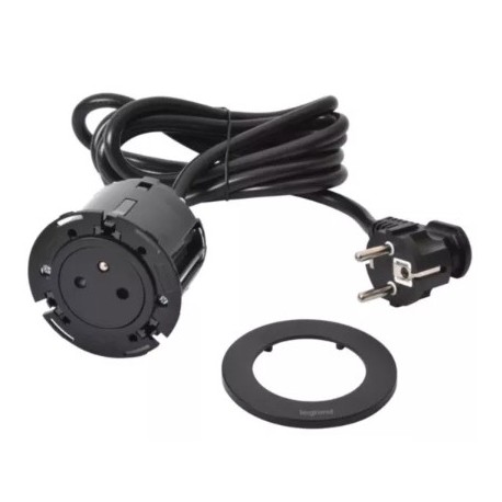 Legrand Incara - Disq 60 équipée d'1 prise 2P+T Surface avec cordon de 2m équipé d'une fiche 2P+T - Noir Ø60mm - Réf : 654721