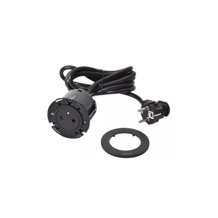 Legrand Incara - Disq 60 équipée d'1 prise 2P+T Surface avec cordon de 2m équipé d'une fiche 2P+T - Noir Ø60mm - Réf : 654721