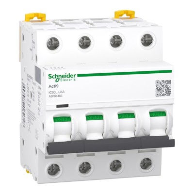 Schneider - Acti9 - iC60L - Disjoncteur - 4P - 63A - 15kA - courbe C - Réf : A9F94463