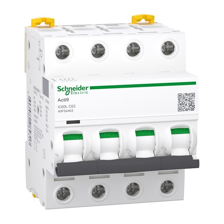 Schneider - Acti9 - iC60L - Disjoncteur - 4P - 63A - 15kA - courbe C - Réf : A9F94463