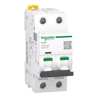Schneider - Acti9 - iC60N - Disjoncteur - 2P - 63A - 6kA - courbe D - Réf : A9F75263