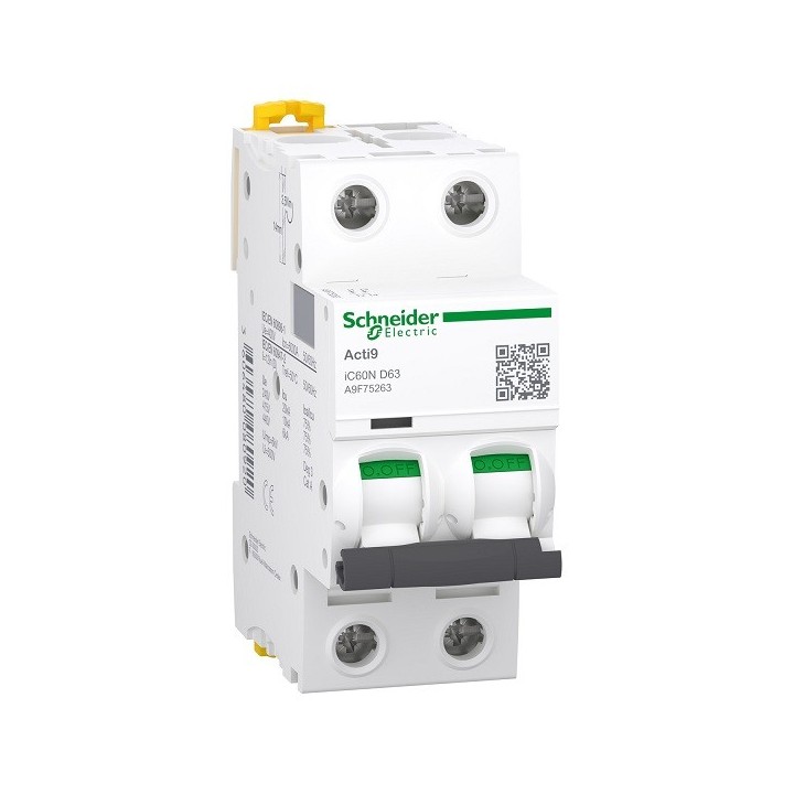 Schneider - Acti9 - iC60N - Disjoncteur - 2P - 63A - 6kA - courbe D - Réf : A9F75263