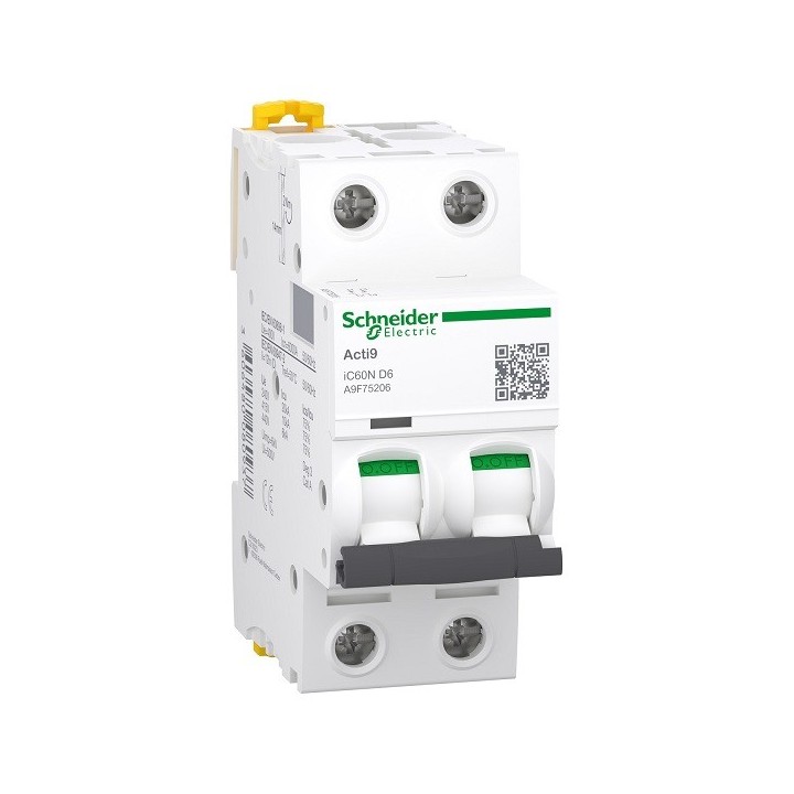 Schneider - Acti9 - iC60N - Disjoncteur - 2P - 6A - 6kA - courbe D - Réf : A9F75206
